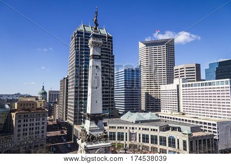 Indianapolis - Circa March 2017: Indianapolis Downtown Skyline from Monument Circle on a Sunny Day IV