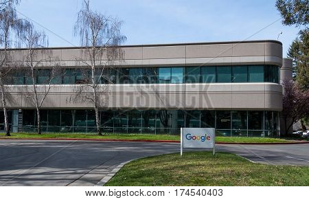 Mountain View CA USA - March 3 2017 - Google sign on the back of Building 44 on Google campus in Mountain View CA USA on March 3rd 2017.