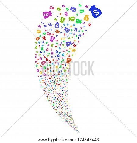Financial Capital random fireworks stream. Vector illustration style is flat bright multicolored iconic symbols on a white background. Object fountain created from scattered design elements.