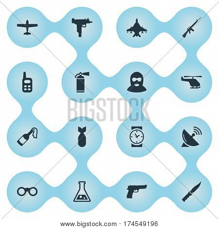 Set Of 16 Simple Battle Icons. Can Be Found Such Elements As Sky Force, Watch, Rifle Gun And Other.