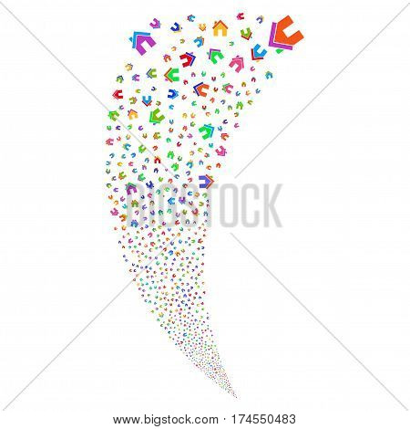 Home random fireworks stream. Vector illustration style is flat bright multicolored iconic symbols on a white background. Object fountain created from scattered pictographs.