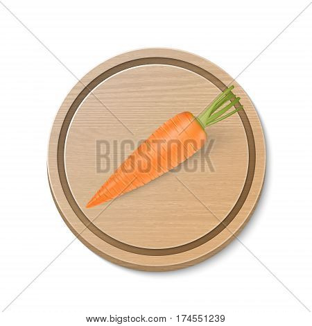 Realistic vector carrot on wooden brown cutting board isolated on white background. Design template. EPS10.