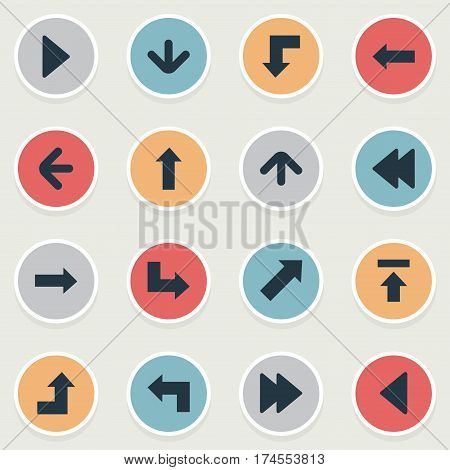 Set Of 16 Simple Arrows Icons. Can Be Found Such Elements As Left Direction, Upward Direction, Rearward And Other.