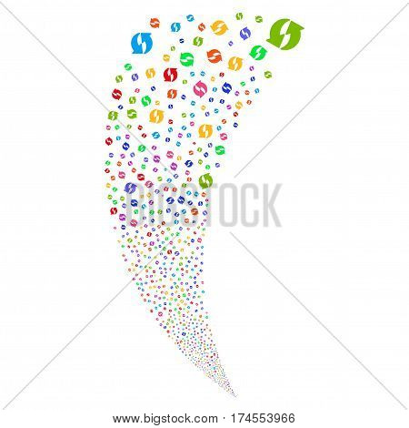 Refresh random fireworks stream. Vector illustration style is flat bright multicolored iconic symbols on a white background. Object fountain constructed from scattered symbols.