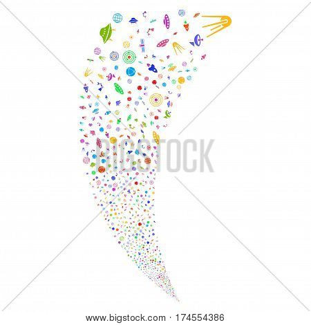 Space Technology Symbols random fireworks stream. Vector illustration style is flat bright multicolored iconic symbols on a white background. Object fountain created from scattered design elements.