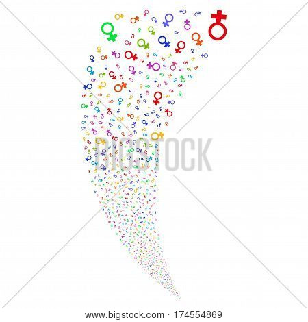 Venus Symbol random fireworks stream. Vector illustration style is flat bright multicolored iconic symbols on a white background. Object fountain combined from scattered pictographs.