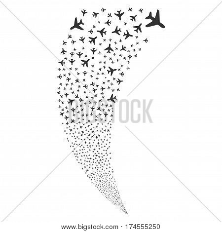 Air Plane random fireworks stream. Vector illustration style is flat gray iconic symbols on a white background. Object fountain created from scattered pictographs.