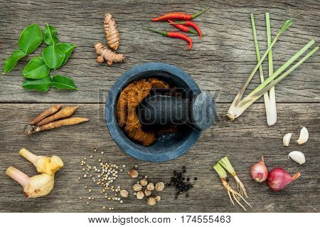 Assortment Of Thai Food Cooking Ingredients And Spice Red Curry Paste Ingredient Of Thai Popular Foo