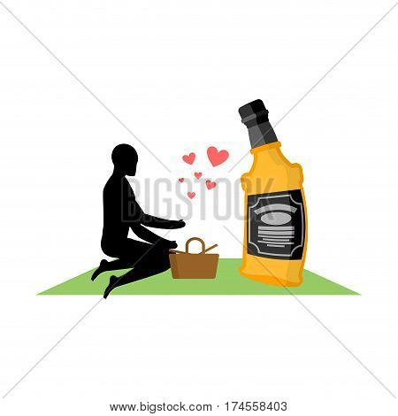 Lover Alcohol Drink. Man And Bottle Of Whiskey On Picnic. Blanket And Basket For Food On Lawn. Roman