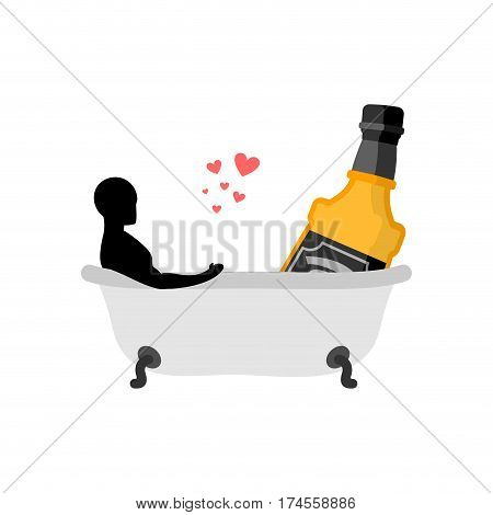 Lover Alcohol Drink. Man And Bottle Of Whiskey In Bath. Joint Bathing. Romantic Date. Alcoholic Life