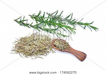 fresh and dried rosemary in wooden spoon isolated on white background.