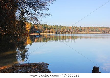Autumn woods and the quiet surface of the lake