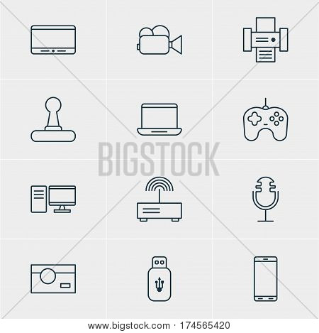 Vector Illustration Of 12 Device Icons. Editable Pack Of PC, Sound Recording, Usb Card And Other Elements.
