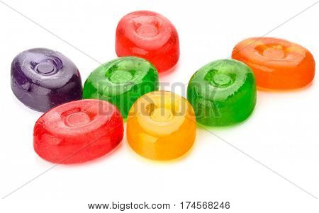 colorful fruit hard sugar candies,  boiled sweeties or sugar plums isolated on white background cutout