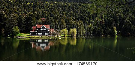 Golcuk Lake natural park with beautiful reflection in Bolu, Turkey.