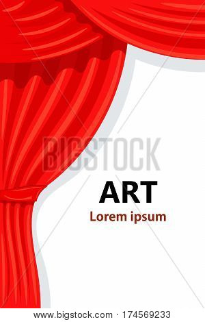 Cartoon theater. Theater curtain with space for text. Open theater curtain. Red silk side scenes on stage. Stock vector