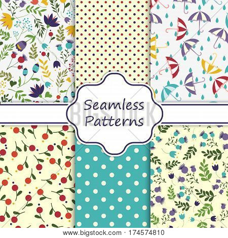 Vector set of 6 cute seamless background patterns. Can be used for textiles and surface textures, scrap-booking, greeting cards, gift wrap, wallpapers