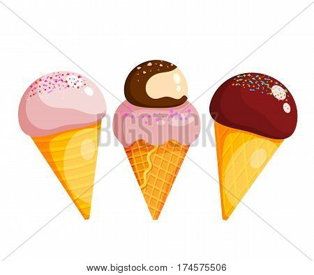 Set of ice cream. Three ice cream on a white background. Vector illustration of sweets. Stock vector