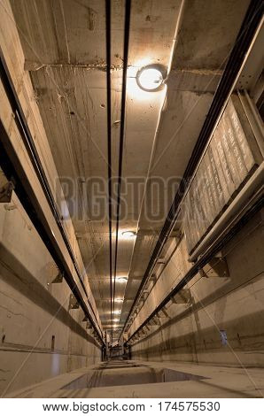 Inside elevator shaft. Lift top view .