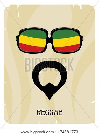 Abstract Rastaman man's face with a beard and glasses. Icon reggae musical style. Musical poster. Stock vector
