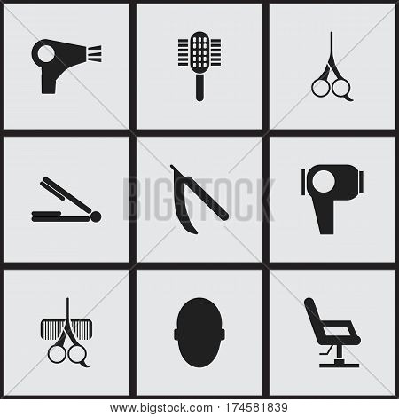 Set Of 9 Editable Tonsorial Artist Icons. Includes Symbols Such As Hairdresser Set, Cut Tool, Charger And More. Can Be Used For Web, Mobile, UI And Infographic Design.