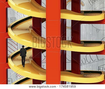 Man Walking On Unfinished Spiral Track In Stacking Blocks
