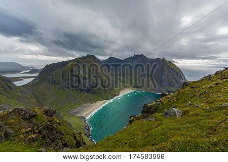 Kvalvika beach Lofoten islands from Ryten mountain