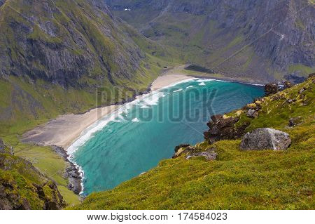 Kvalvika beach Lofoten islands from Ryten mountain