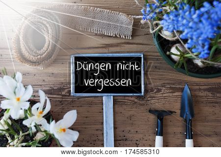 Sign With German Text Duengen Nicht Vergessen Means Dont Forget To Dung. Sunny Spring Flowers Like Grape Hyacinth And Crocus. Gardening Tools Like Rake And Shovel. Hemp Fabric Ribbon