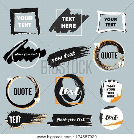 Vector quote boxes collection. Hand drawn frames, square, rectangle and round . Grunge brush strokes texture.