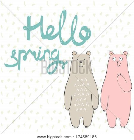 Hello spring. Greeting card with bears in vector.