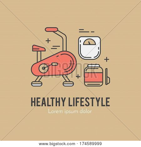 Design concept with thin line icons of healthy living lifestyle, food and fitness training elements. Outline logo template isolated on white background.