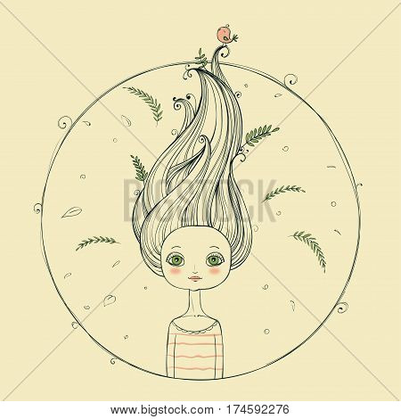 beautiful girl with flying hair on spring background