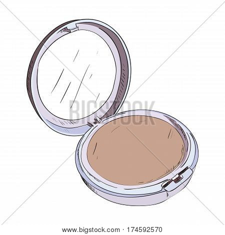 Color sketch of powder box with mirror. Vector illustration