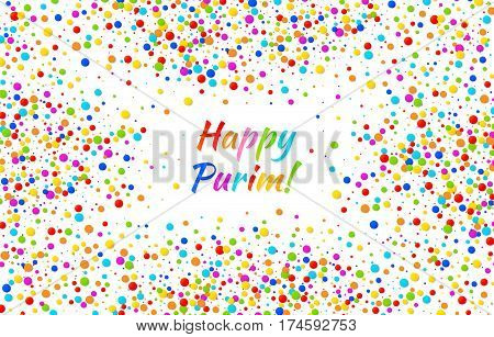 Vector Bright Horizontal Card Happy Purim carnival text with colorful rainbow colors paper confetti frame isolated on white background. Birthday template. Purim Jewish holiday.