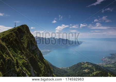 Lake Geneva and Montreux city viewed from Rochers de Naye.