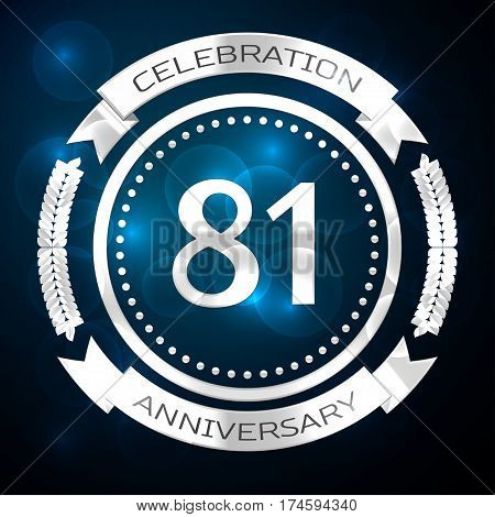 Eighty one years anniversary celebration with silver ring and ribbon on blue background. Vector illustration