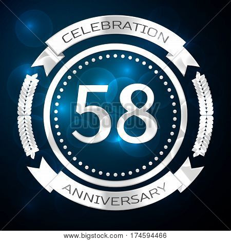 Fifty eight years anniversary celebration with silver ring and ribbon on blue background. Vector illustration