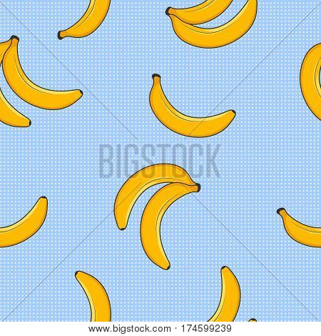 Seamless vector pattern of yellow bananas on a blue background. Vector for packaging clothing T-shirts. Fresh banana fruits