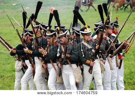 BORODINO MOSCOW REGION - SEPTEMBER 04 2016: Reenactors dressed as Napoleonic war soldiers at Borodino battle historical reenactment in Russia. Color photo.