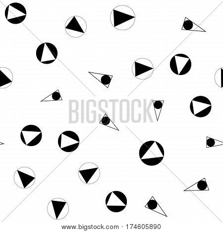 Vector illustration of a seamless pattern of black and white circles and triangles interacting with each other on a white background flat style.