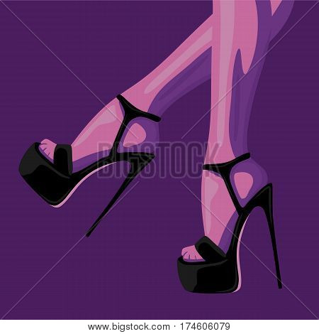 fashion illustration of slim female legs in black shoes with heels with red soles on a purple background. vector.