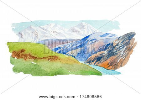 Natural summer landscape mountains and meadow watercolor illustration