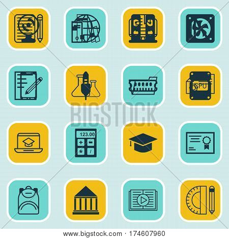 Set Of 16 Education Icons. Includes Library, Taped Book, Education Center And Other Symbols. Beautiful Design Elements.