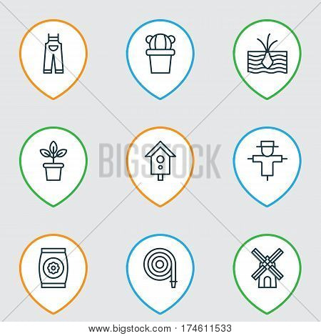 Set Of 9 Agriculture Icons. Includes Bugbear, Flowerpot, Garden Clothes And Other Symbols. Beautiful Design Elements.
