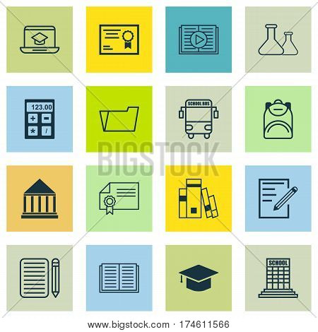 Set Of 16 School Icons. Includes Education Center, Chemical, Home Work And Other Symbols. Beautiful Design Elements.