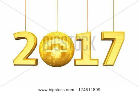 3d render New Year 2017 and disco ball gold render (isolated on white and clipping path)