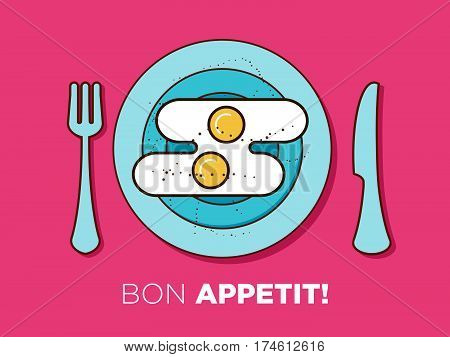 The breakfast plate vector illustration isolated on background. Boilled Eggs or omelette on the plate. Classical popular european meal. Flat line design. Great colores. Advertisement Card.