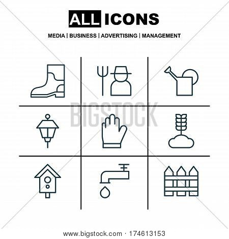 Set Of 9 Farm Icons. Includes Bailer, Spigot, Protection Mitt And Other Symbols. Beautiful Design Elements.
