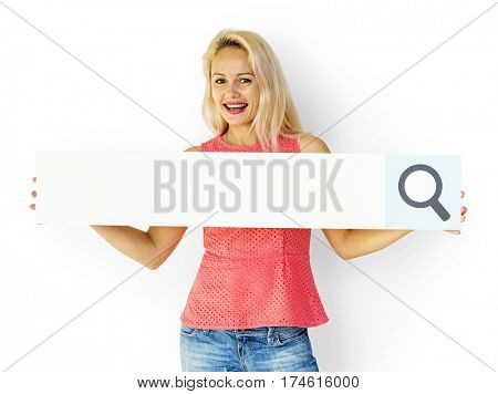 Woman holding paper search bar and smiling